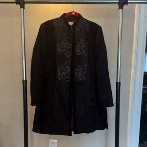 Chico's Black Trench Coat with Intricate Patterns